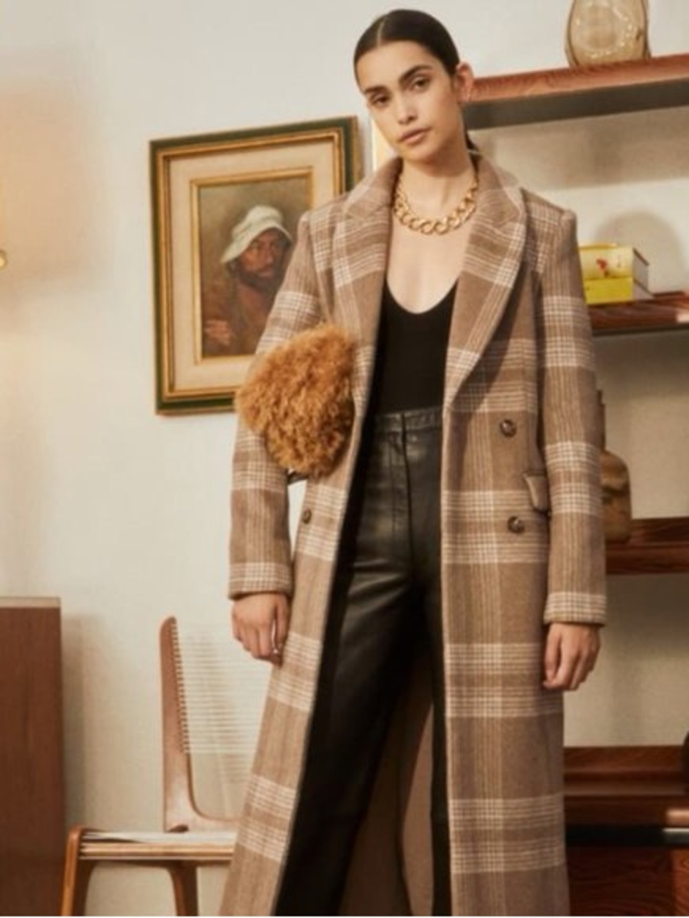 Reformation York Double Breasted Wool Blend Long Coat Brown Plaid Small - Picture 10 of 10